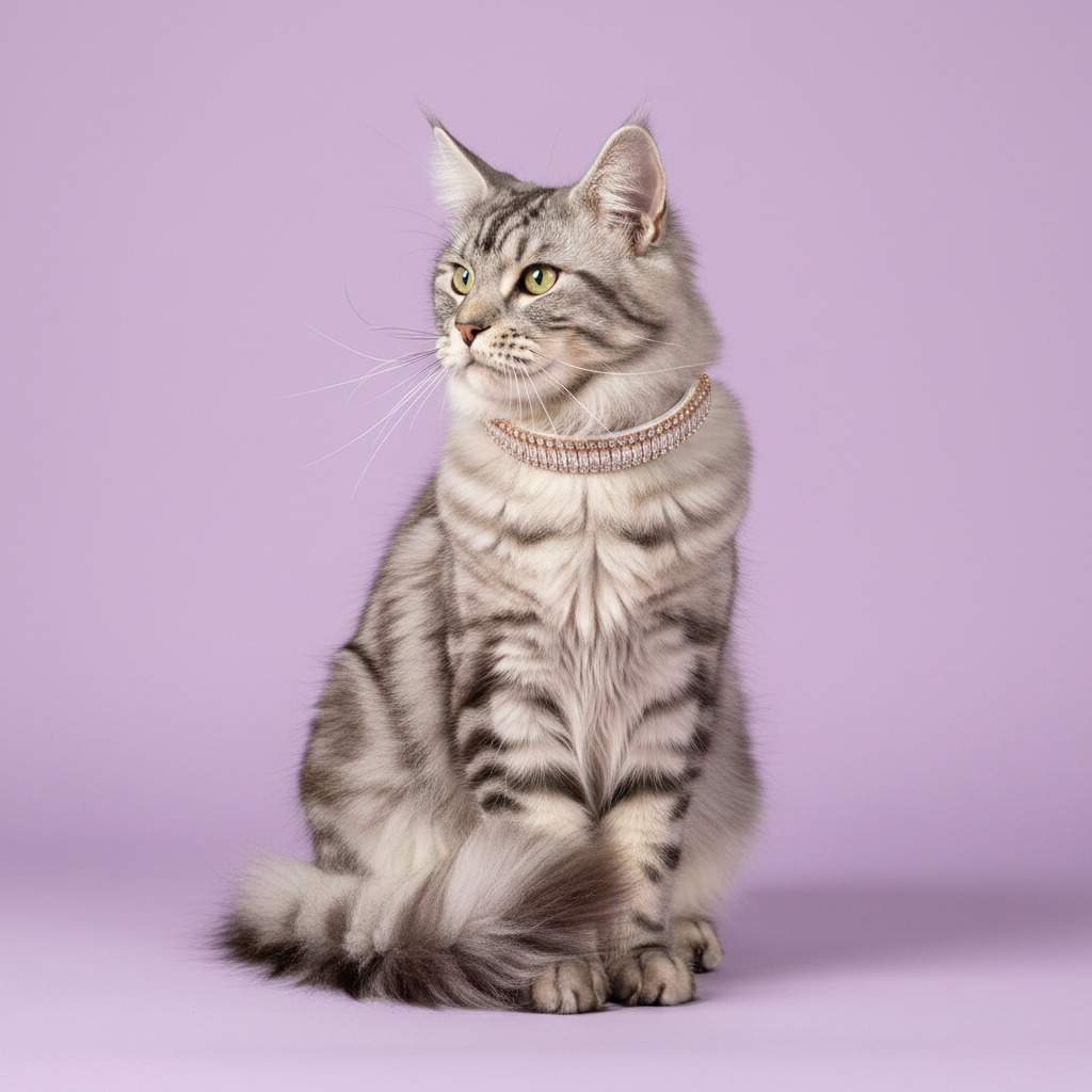 Pretty Posh Pets luxury rhinestone cat collar — a stunning silver tabby Maine Coon sitting upright and gazing alertly upward, wearing a white leather collar with emerald-cut clear crystal baguette gemstones bordered by sparkling round rhinestones in rose gold, against a soft lavender background.