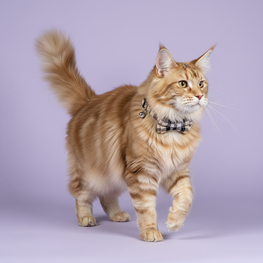 Golden Maine Coon mid-stride with tail raised wearing a cream and black plaid bow tie breakaway cat collar with a silver bell