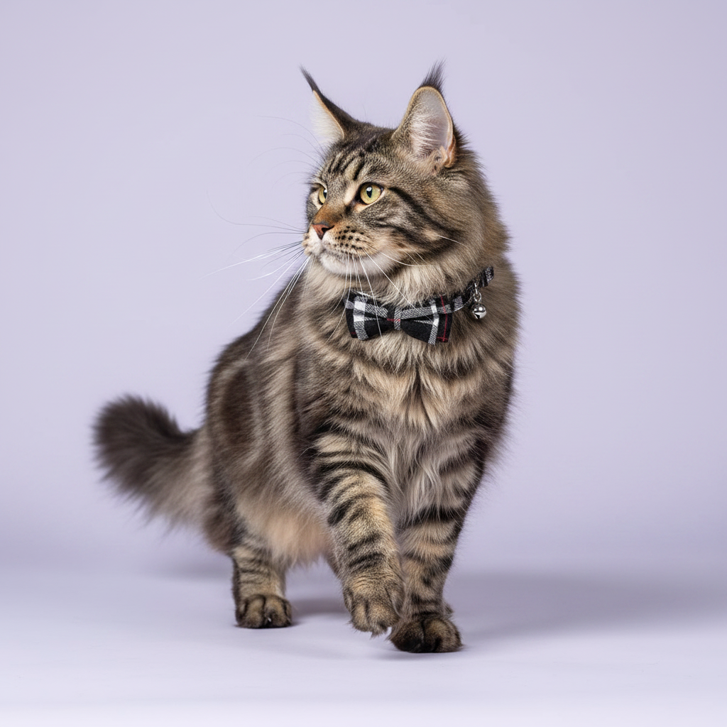 Brown tabby Maine Coon standing tall with an upward gaze wearing a grey and black plaid bow tie breakaway cat collar with a silver bell
