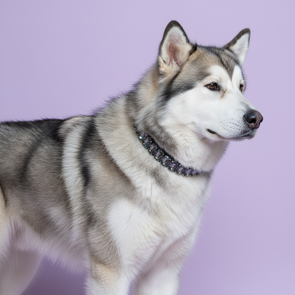 Alaskan Malamute wearing a grey rhinestone collar against a soft lavender studio background.