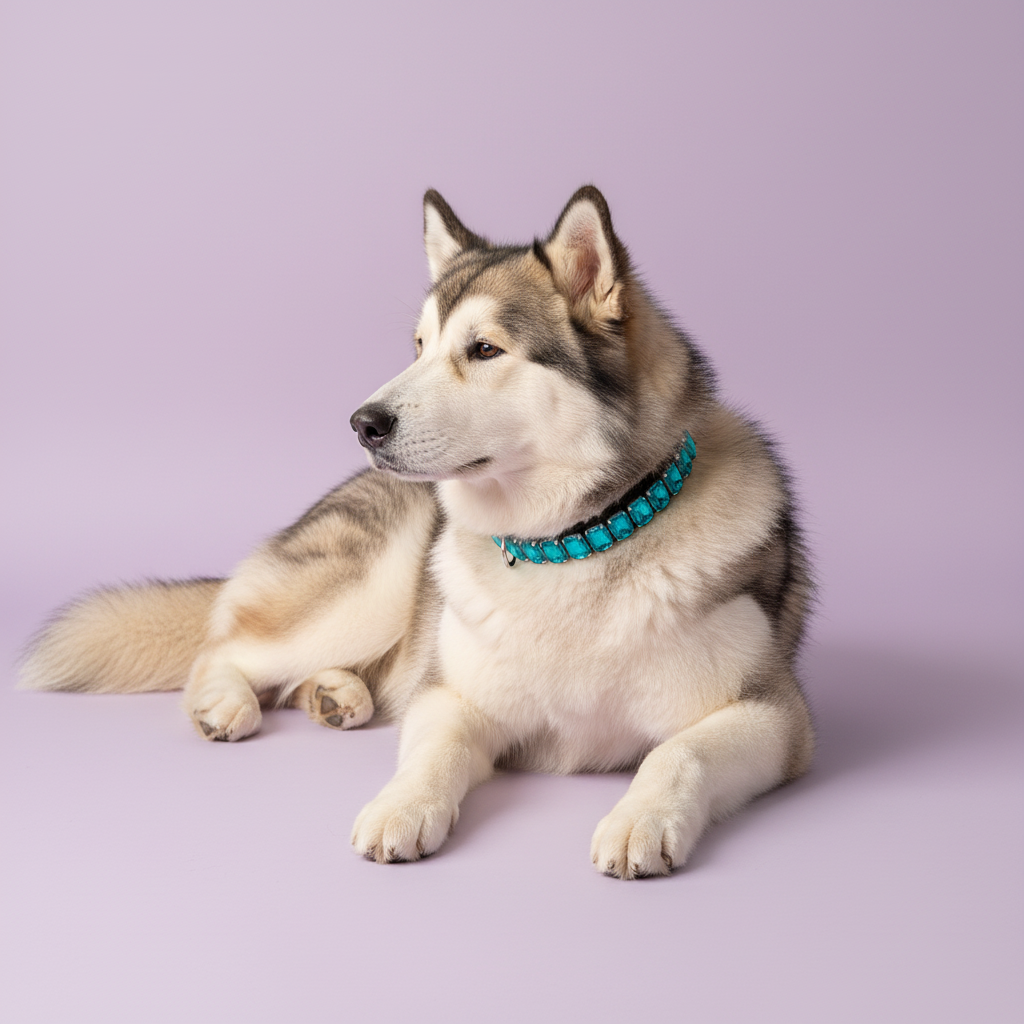 Alaskan Malamute wearing a teal rhinestone collar against a soft lavender studio background.