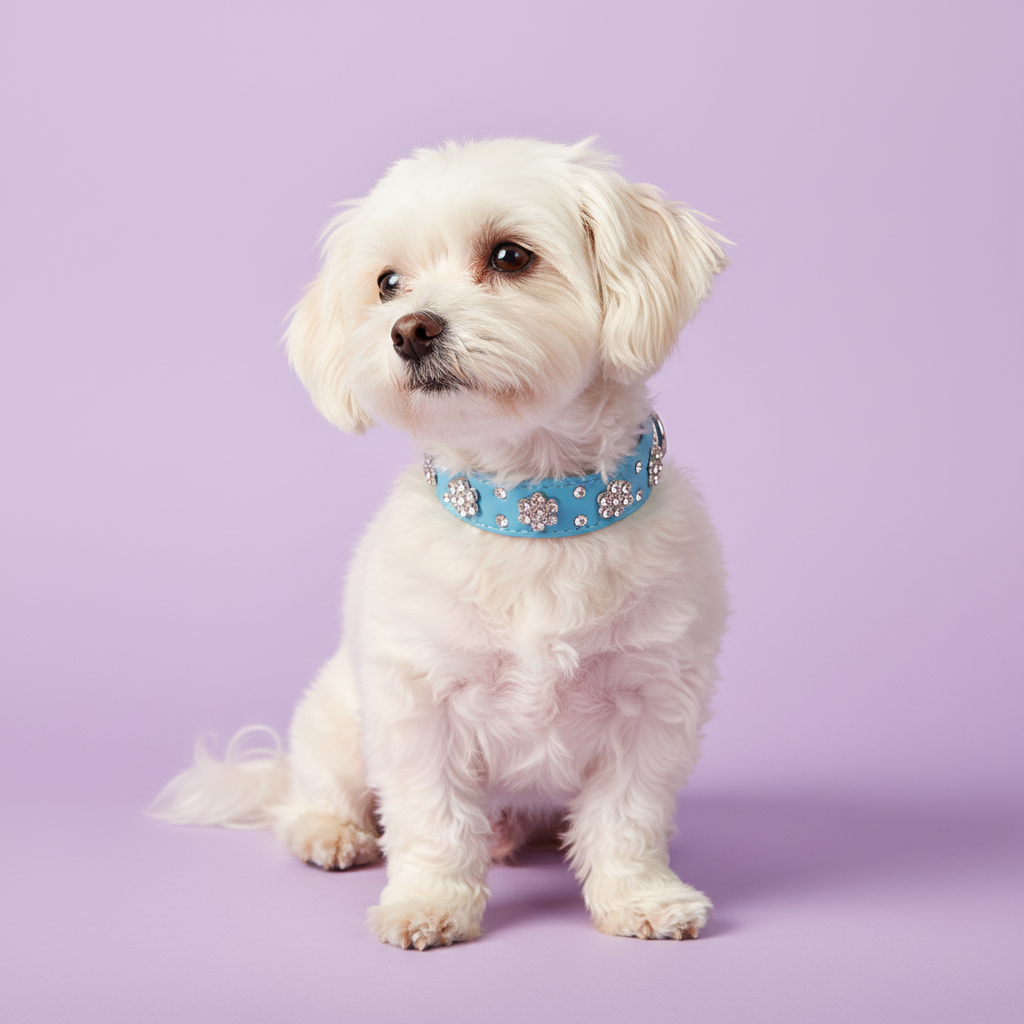 Maltese dog wearing a blue rhinestone collar against a soft lavender studio background.