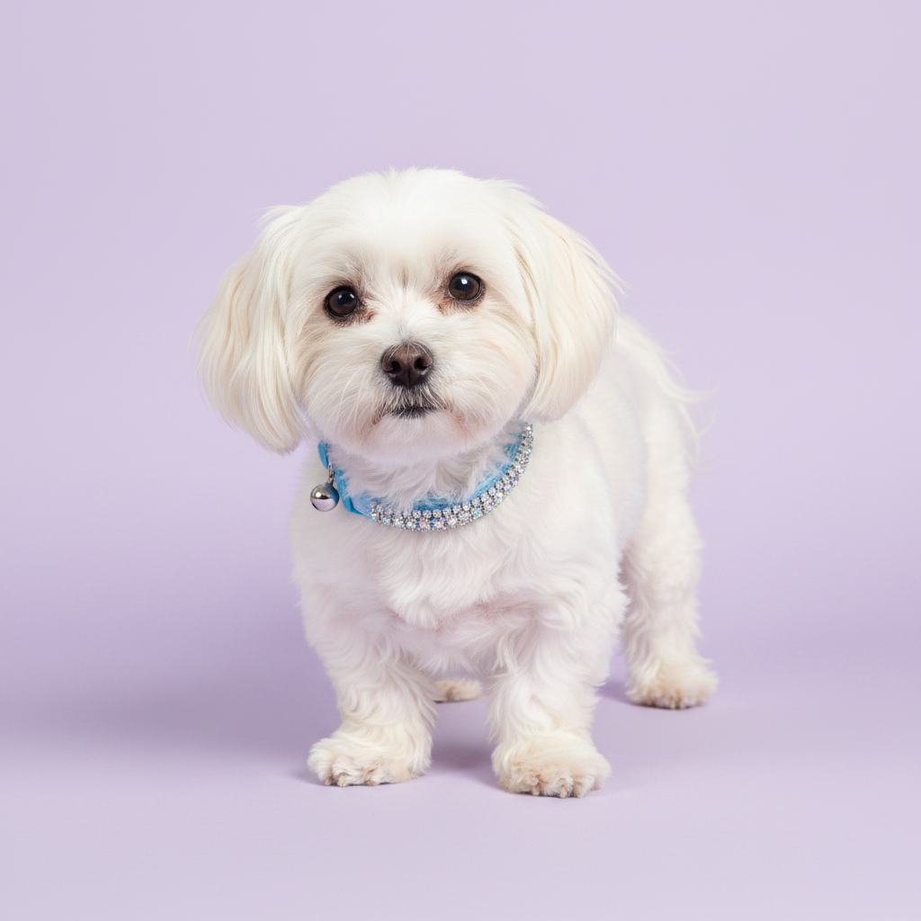 White Maltese standing and facing camera in a slight playful crouch with one paw forward wearing a blue velvet double-row clear crystal rhinestone collar with silver bell, luxury rhinestone small dog collar on lavender background