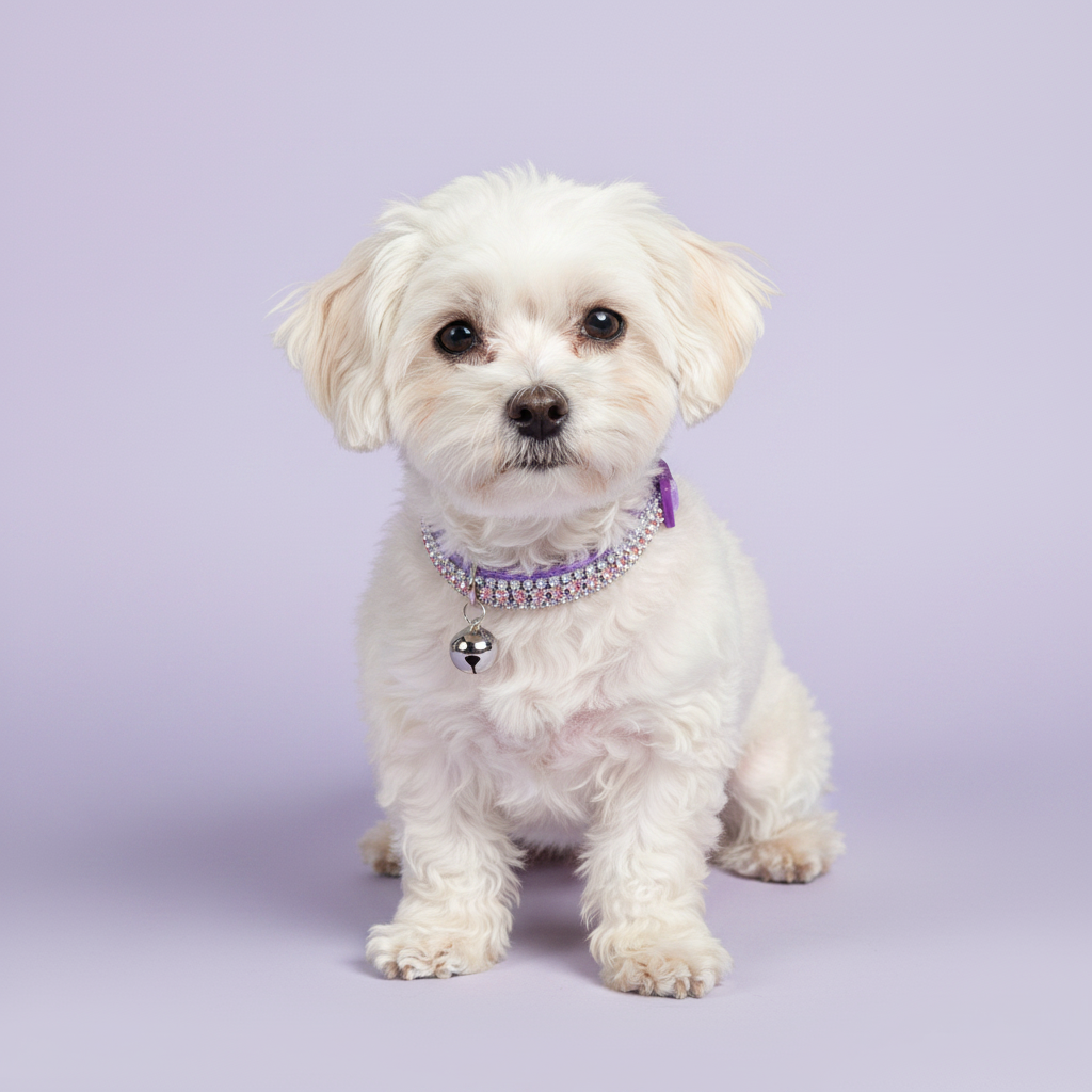 White Maltese sitting tall and facing camera wearing a lavender velvet double-row lavender crystal rhinestone collar with purple bow and silver bell, luxury rhinestone small dog collar on lavender background