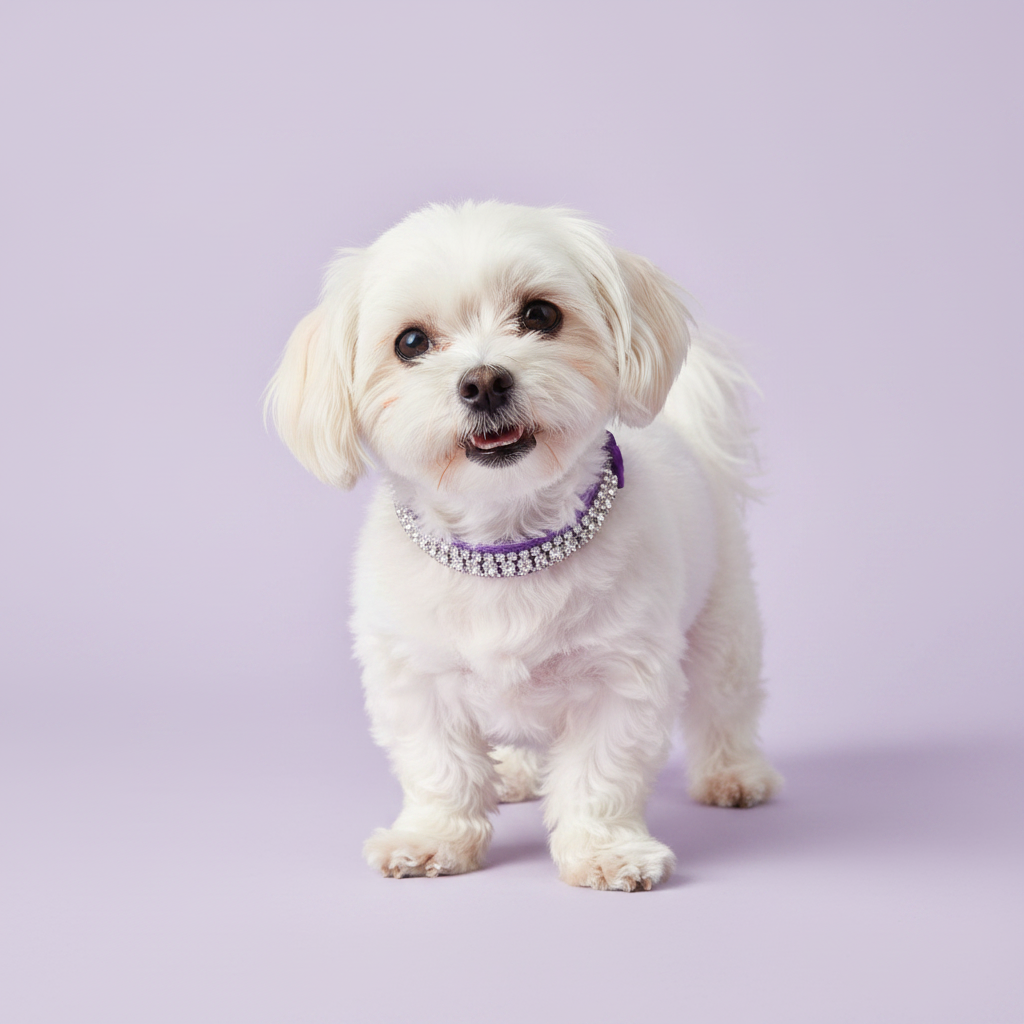 White Maltese standing in three-quarter view facing camera with mouth open and tail up wearing a lavender velvet double-row clear crystal rhinestone collar, luxury rhinestone small dog collar on lavender background