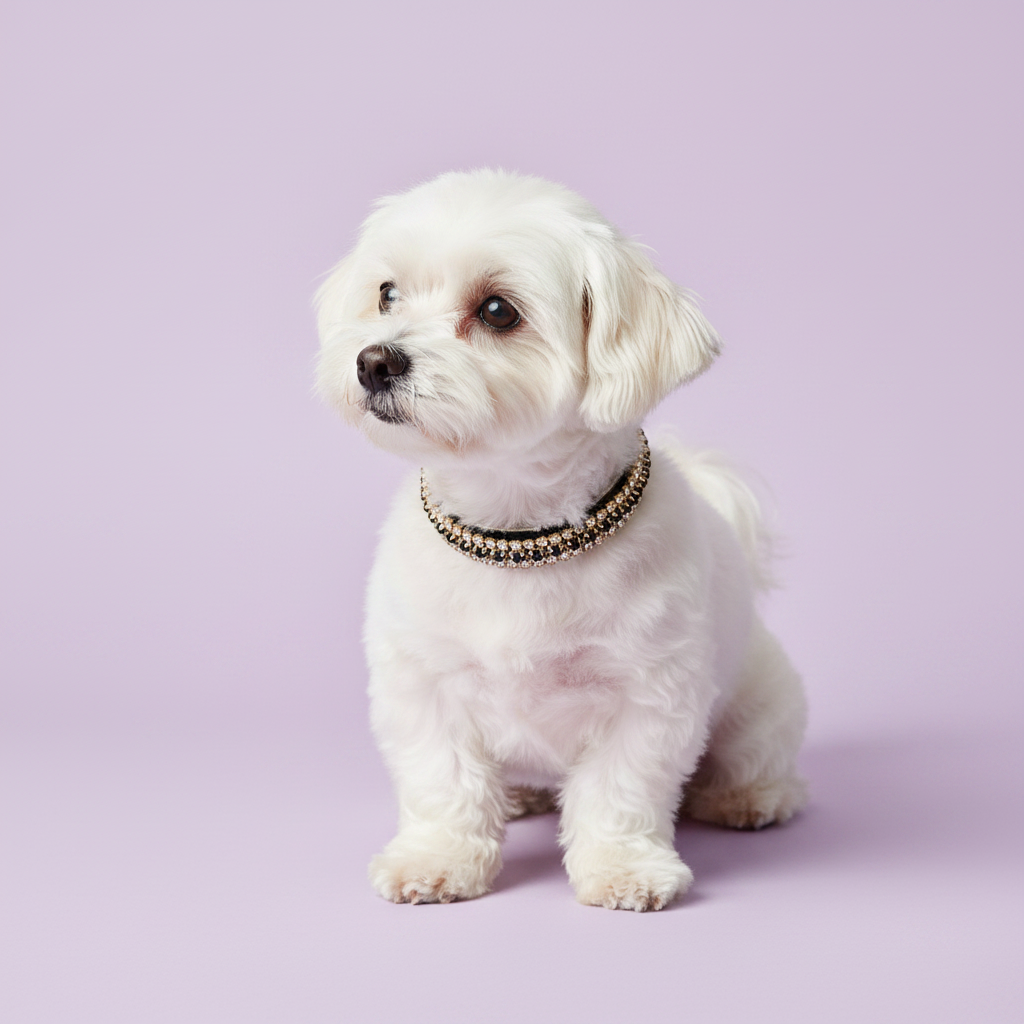 White Maltese sitting in three-quarter view and gazing to the side wearing a black velvet triple-row champagne gold crystal rhinestone collar, luxury rhinestone small dog collar on lavender background