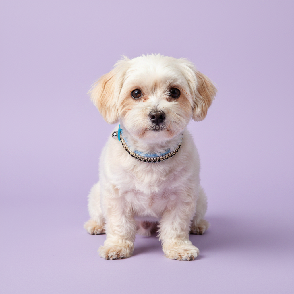 White and cream Maltese sitting tall and facing camera wearing a blue velvet single-row clear crystal rhinestone collar with silver bell, luxury rhinestone small dog collar on lavender background