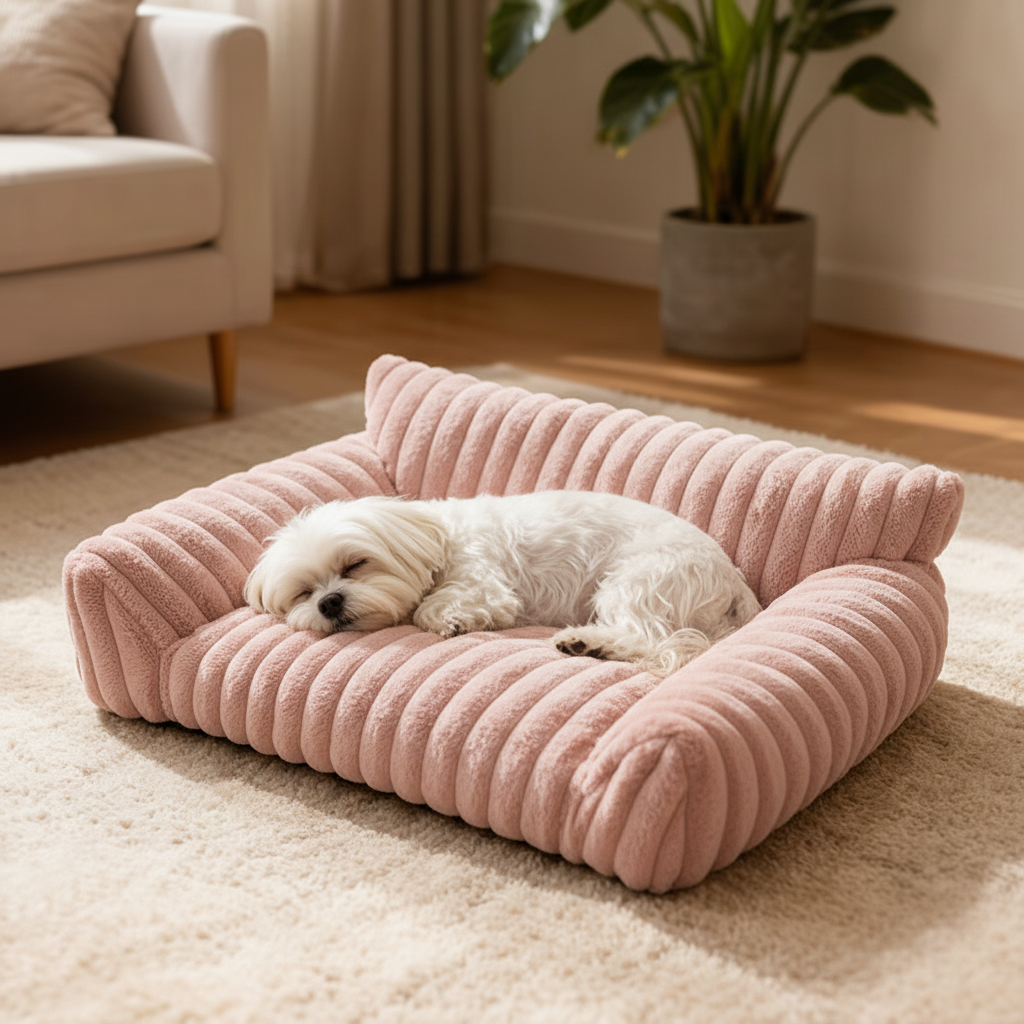White Maltese dog sleeping curled up on a blush pink ribbed channel-tufted plush pet sofa bed on a cream rug in a bright modern living room with a large potted plant and cream sofa in the background