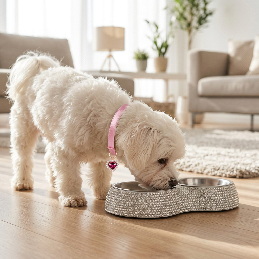 Maltese eating from the silver rhinestone double diner, wearing the pink heart-charm collar