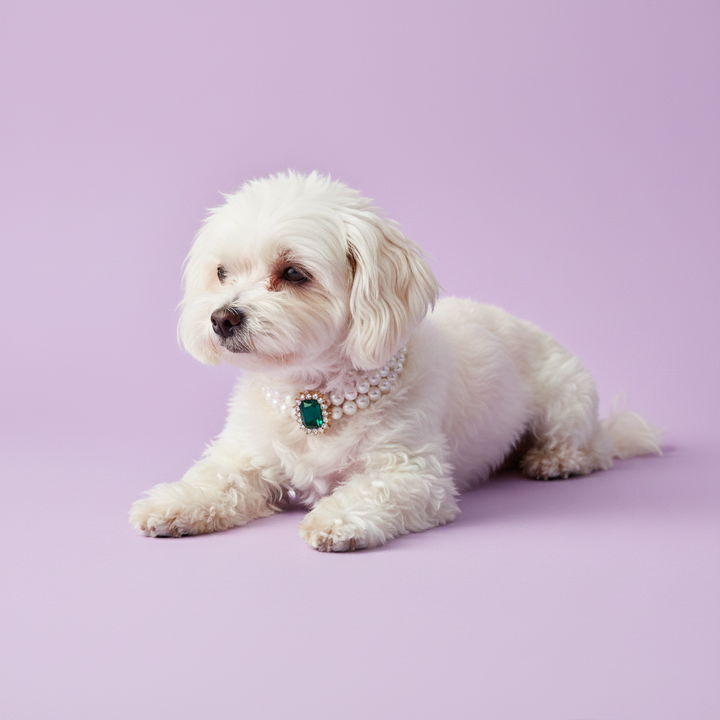 White Maltese lying down and wearing a double pearl collar with an emerald gemstone pendant against a lavender background