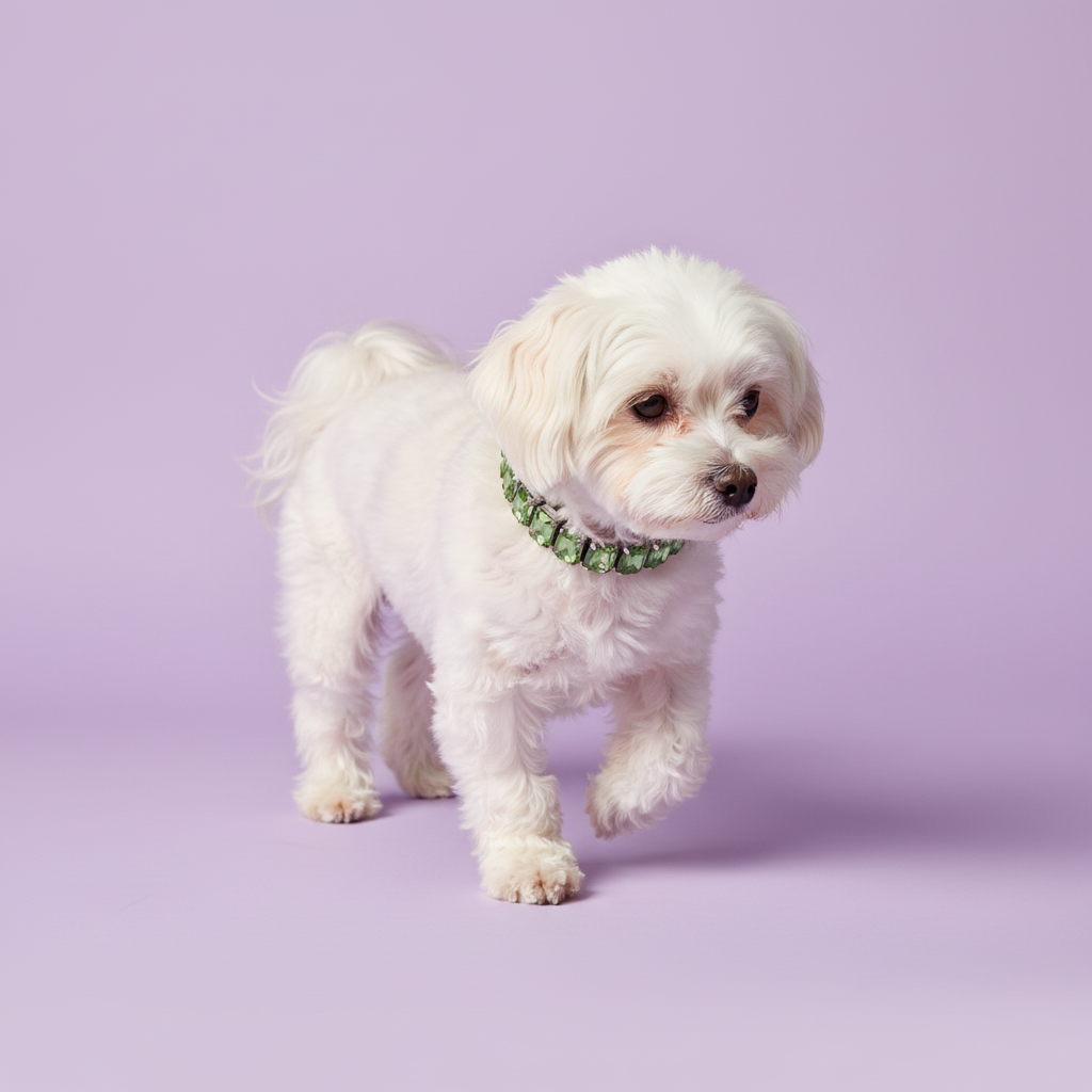 Maltese wearing a green rhinestone collar against a soft lavender studio background.