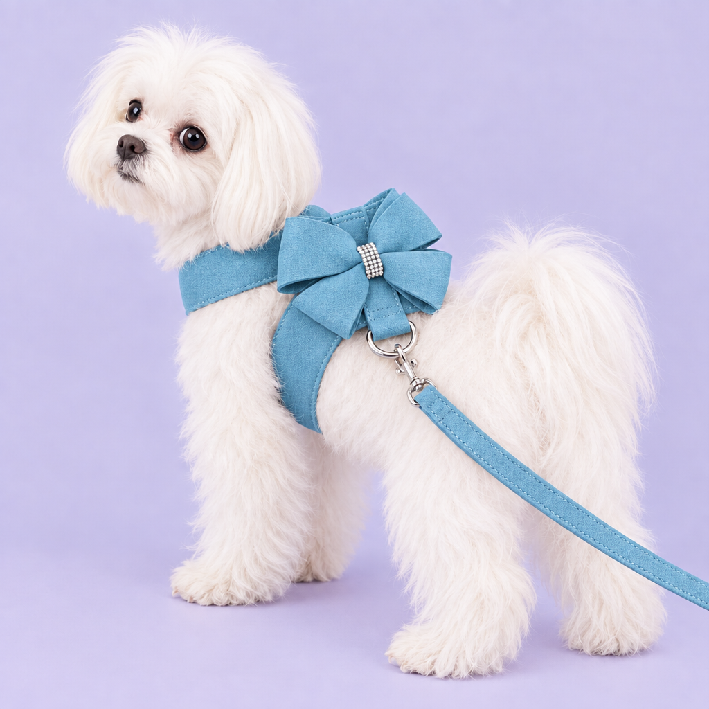 Maltese in blue bow harness with leash