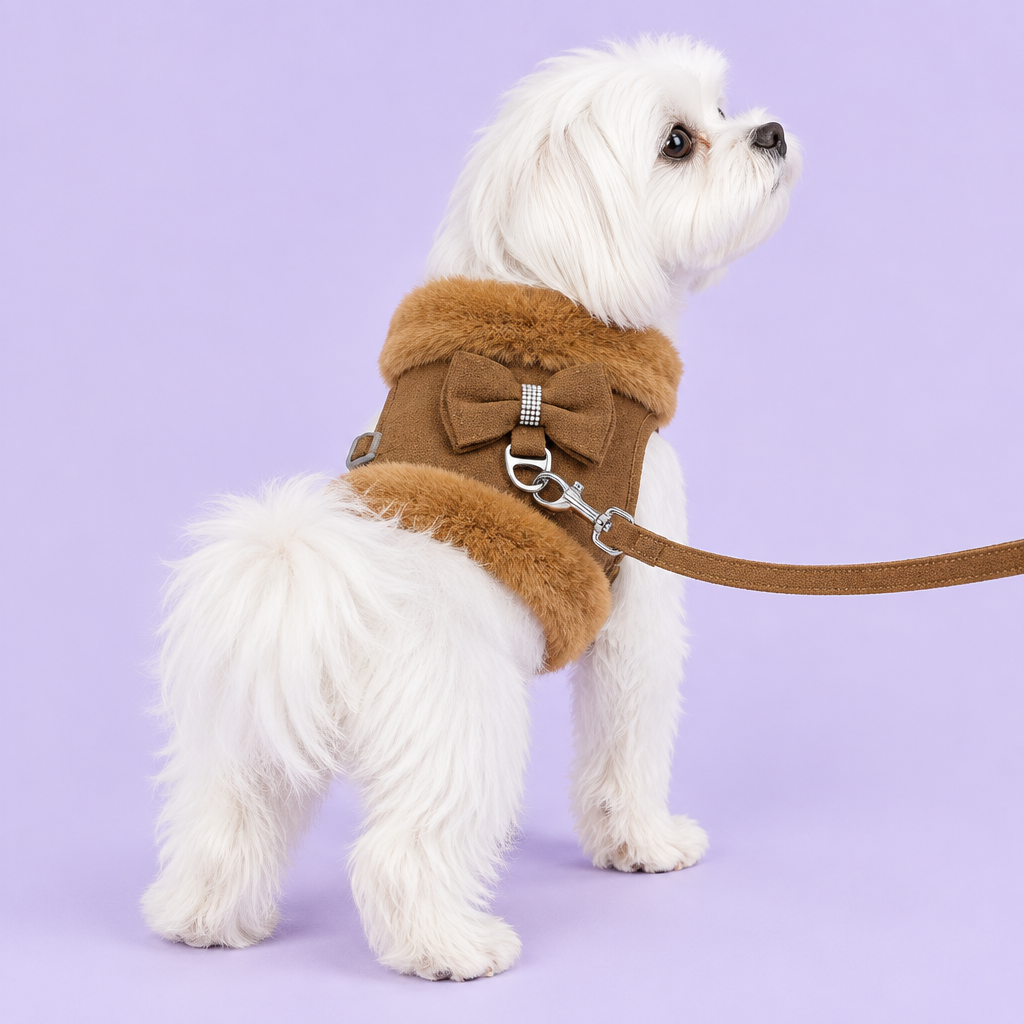 Maltese in brown harness