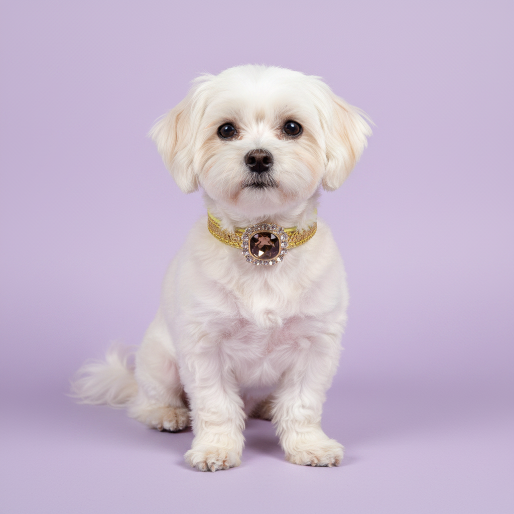 White Maltese sitting upright and facing forward wearing a gold glitter rhinestone dog collar with smoky topaz cushion-cut gem and rhinestone halo centerpiece on lavender background