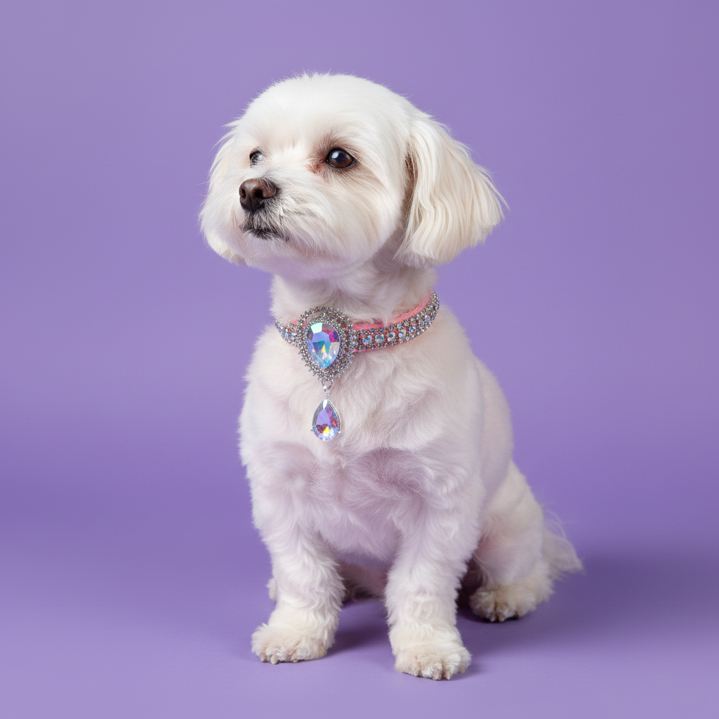 White Maltese wearing pink rhinestone dog collar with aurora borealis crystal teardrop pendant