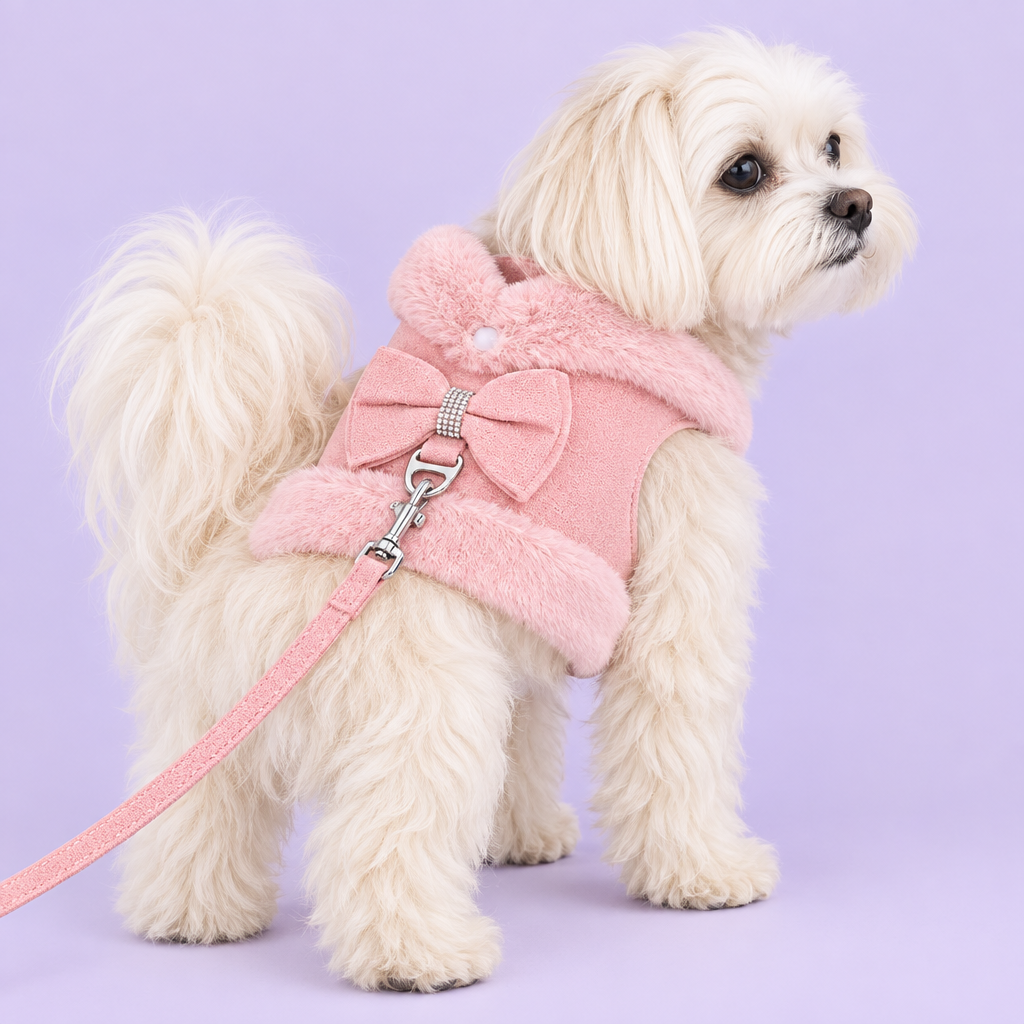 Maltese in pink harness and leash