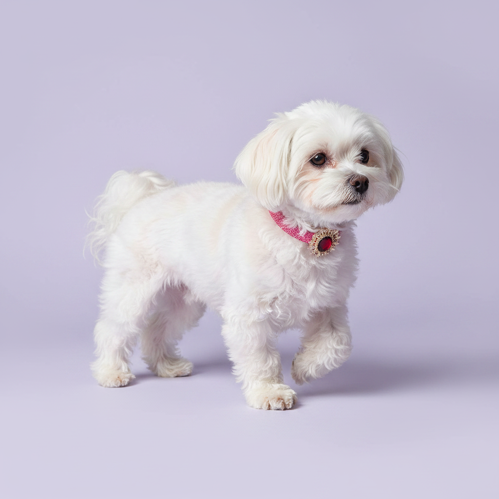 White Maltese in a three-quarter standing pose wearing a hot pink glitter dog collar with ruby red oval crystal sunburst pendant