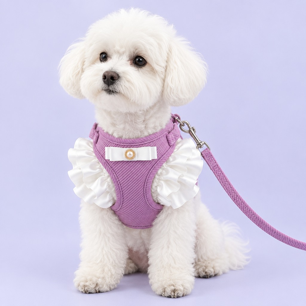 Maltese in purple ruffled harness