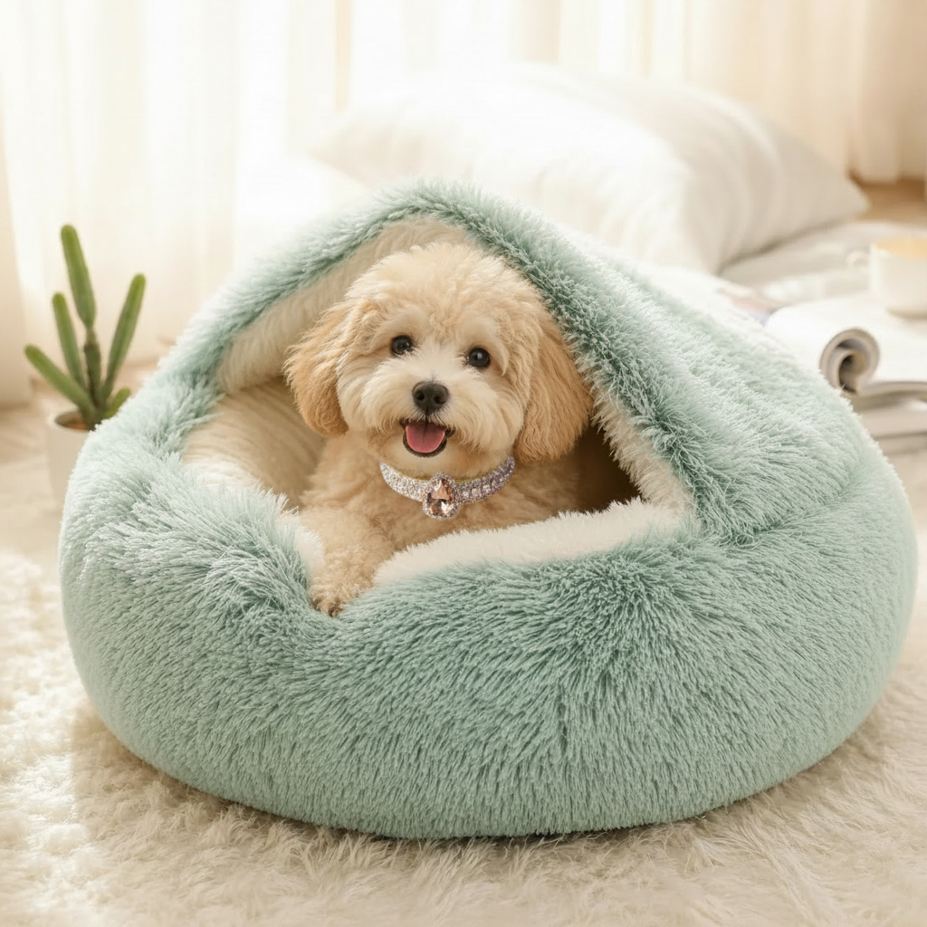Fluffy white Maltipoo dog wearing a diamond rhinestone collar sitting happily inside a teal long-pile plush round hooded cave pet bed in a cozy bright living room setting