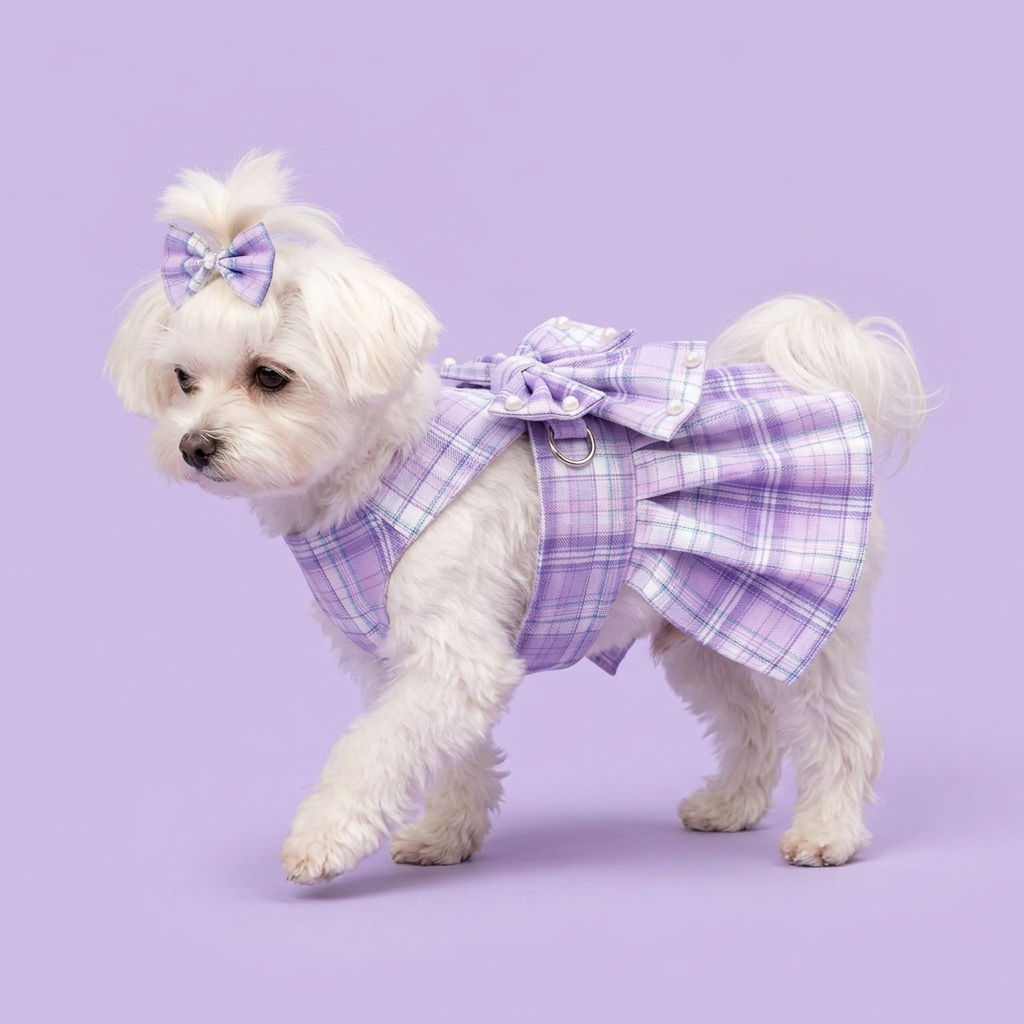 Maltese in the lavender plaid dress