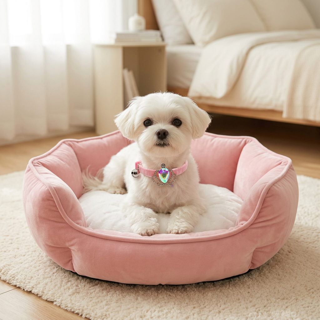 Maltese in the pink bed wearing your pink crystal crown collar