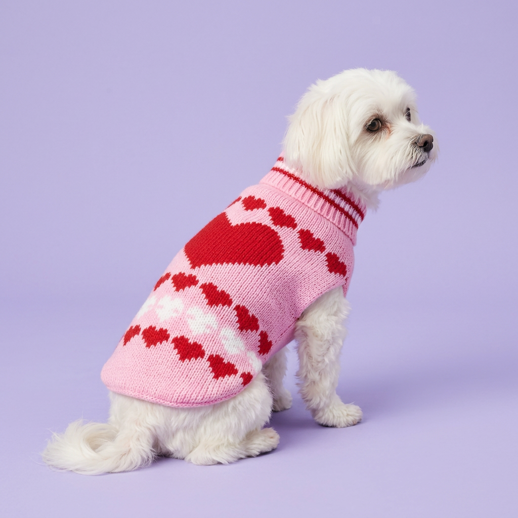 Maltese in the pink heart sweater