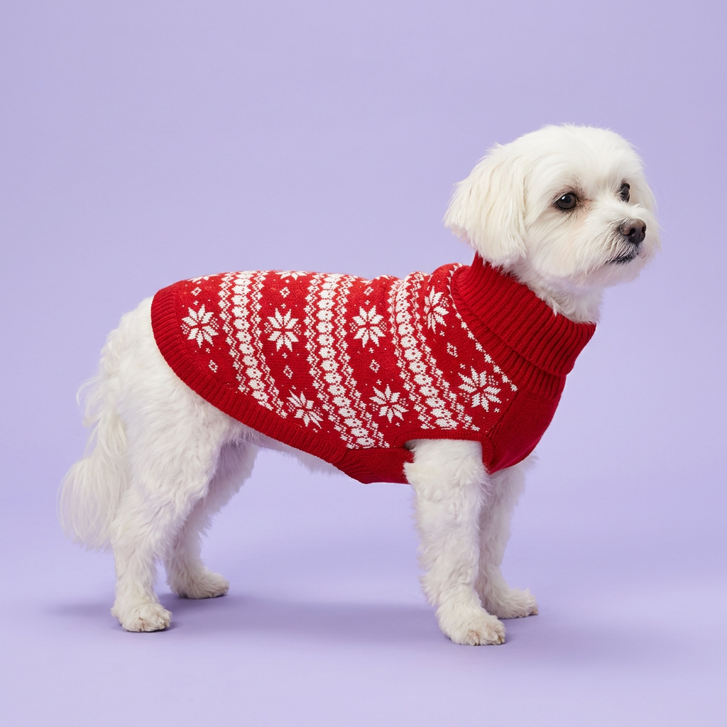 Maltese in the red snowflake sweater