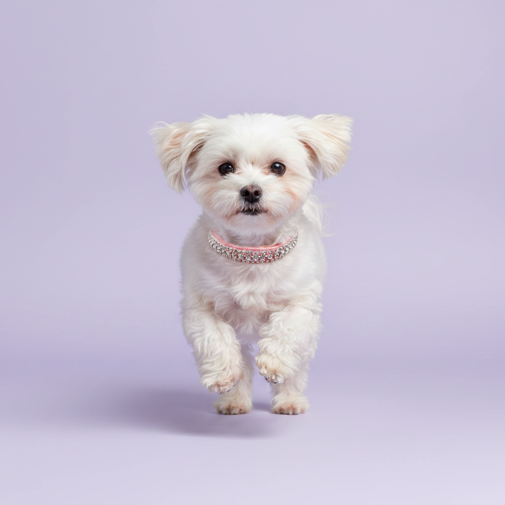 White Maltese running toward camera wearing a pink double-row crystal rhinestone collar, luxury rhinestone small dog collar on lavender background