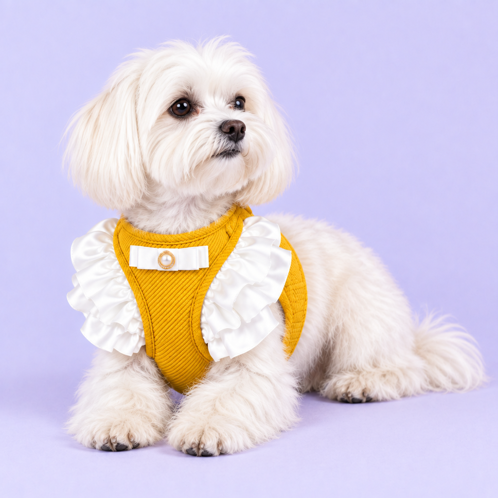 Maltese in yellow harness with front chest flounces