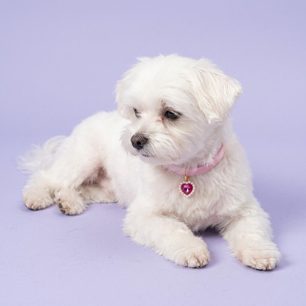 Maltese lounging on its side, wearing the pink satin heart-charm collar