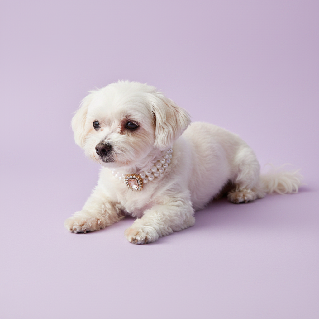 White Maltese dog wearing luxury double-strand pearl dog collar with champagne crystal centerpiece on lavender background