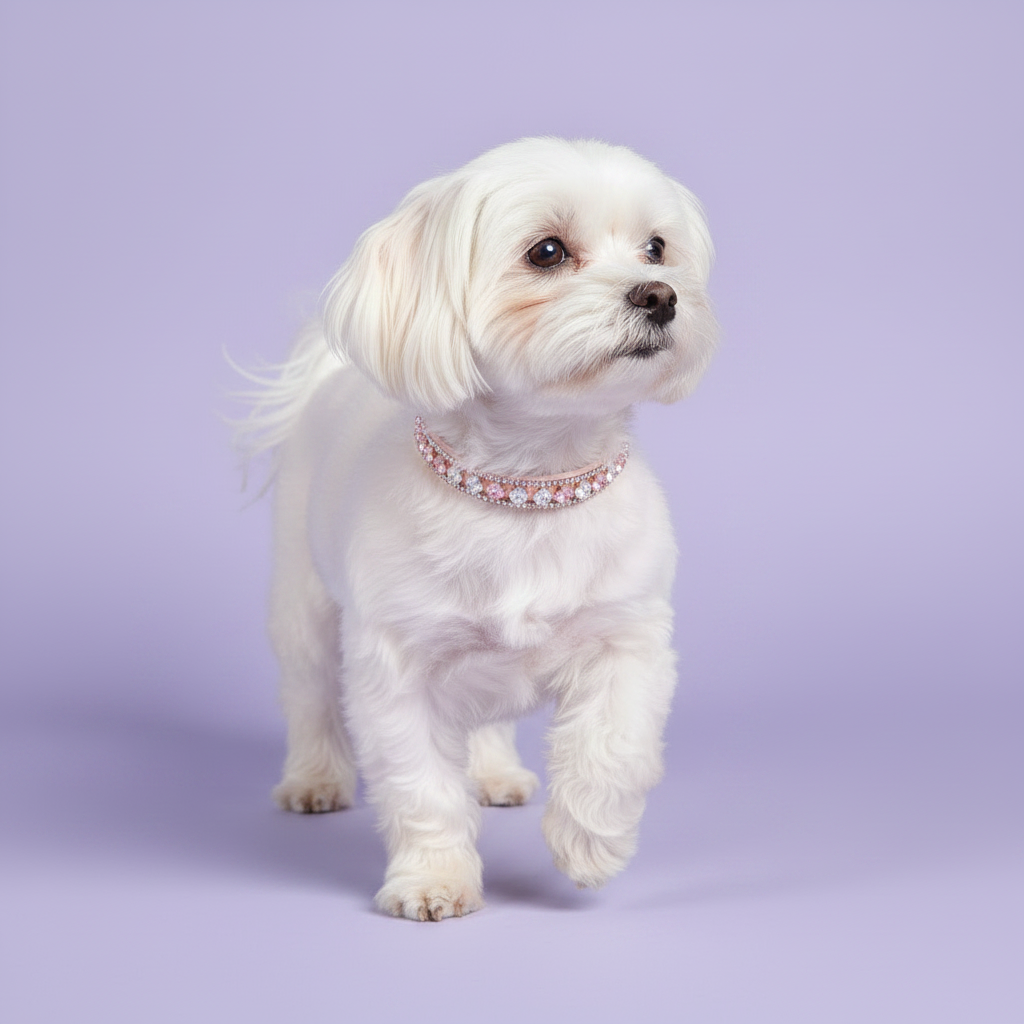 Pretty Posh Pets luxury rhinestone pet collar — a fluffy white Maltese mid-prance wearing a pink leather collar with alternating princess-cut pink and clear crystal gemstones set in rose gold, gazing alertly to the side against a soft lavender background.