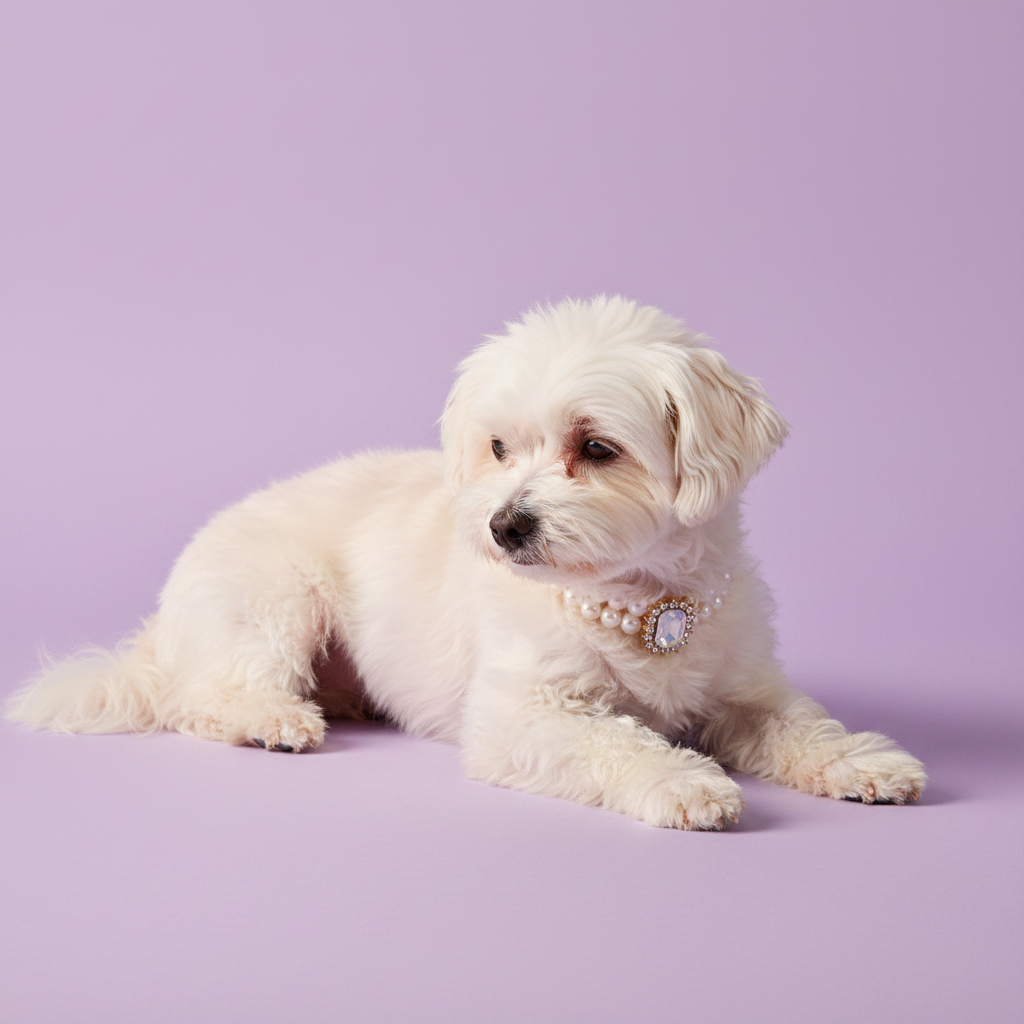 White Maltese dog lying down and wearing a pearl collar with a moonstone pendant against a lavender background