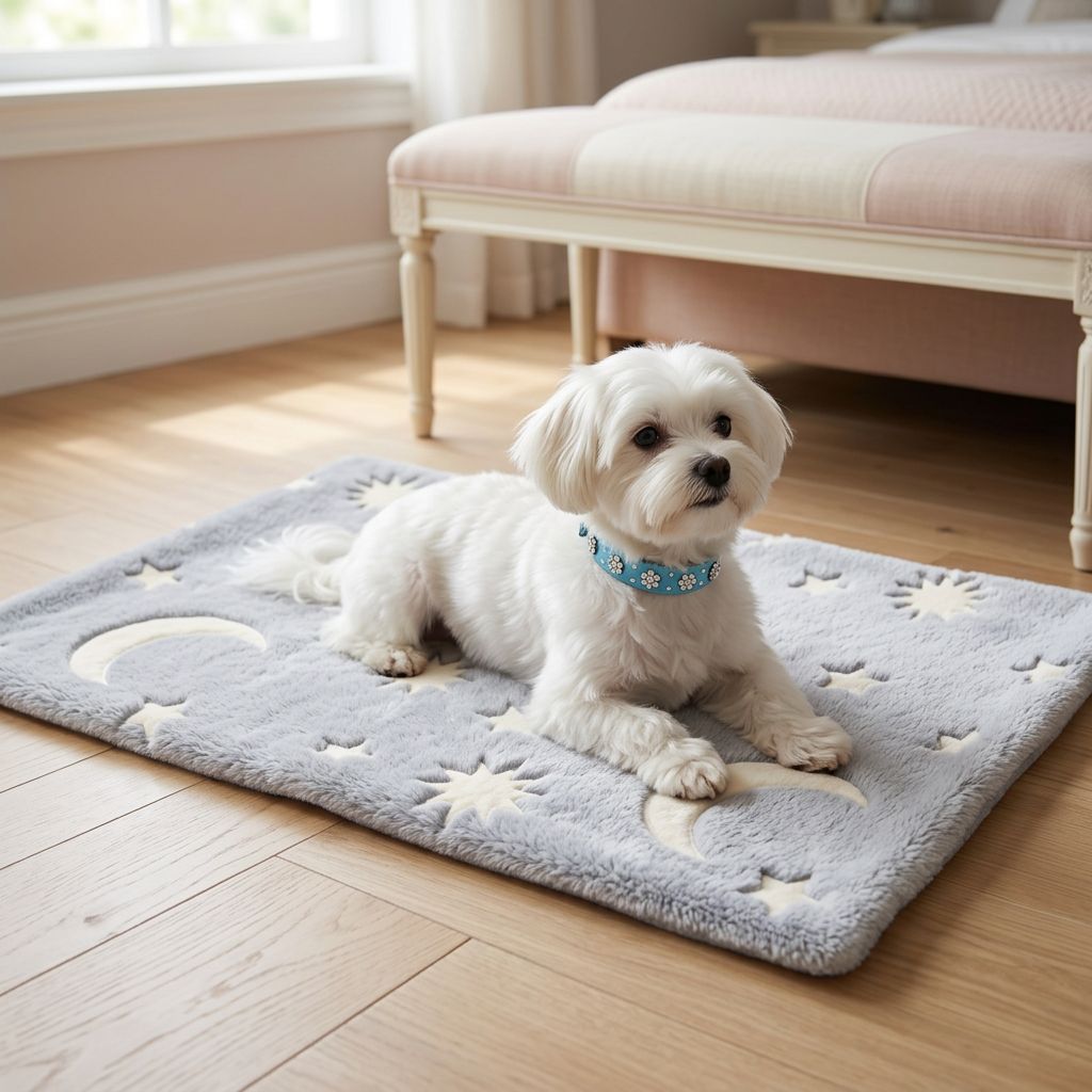 Maltese on moon-and-star mat in a bedroom