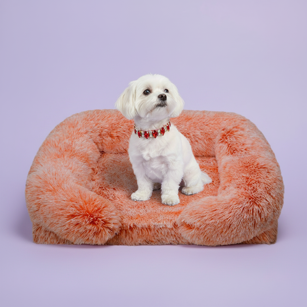 White Maltese dog wearing a gold and red ruby crystal collar sitting upright on a peach coral long shaggy faux fur rectangular pet sofa bed against a soft lavender background