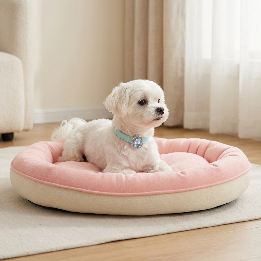 Maltese on pink oval bed wearing blue collar