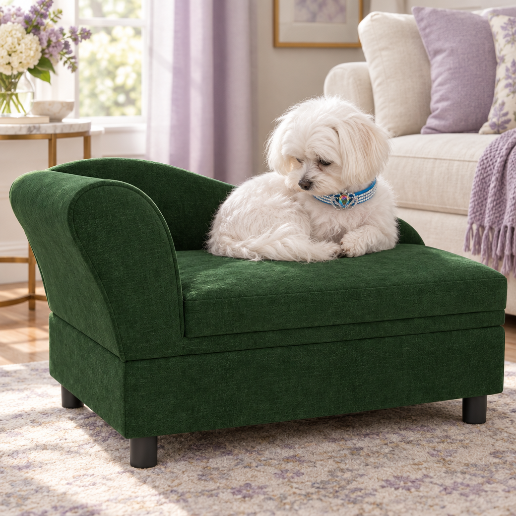 Maltese on the green pet couch wearing the blue crown collar