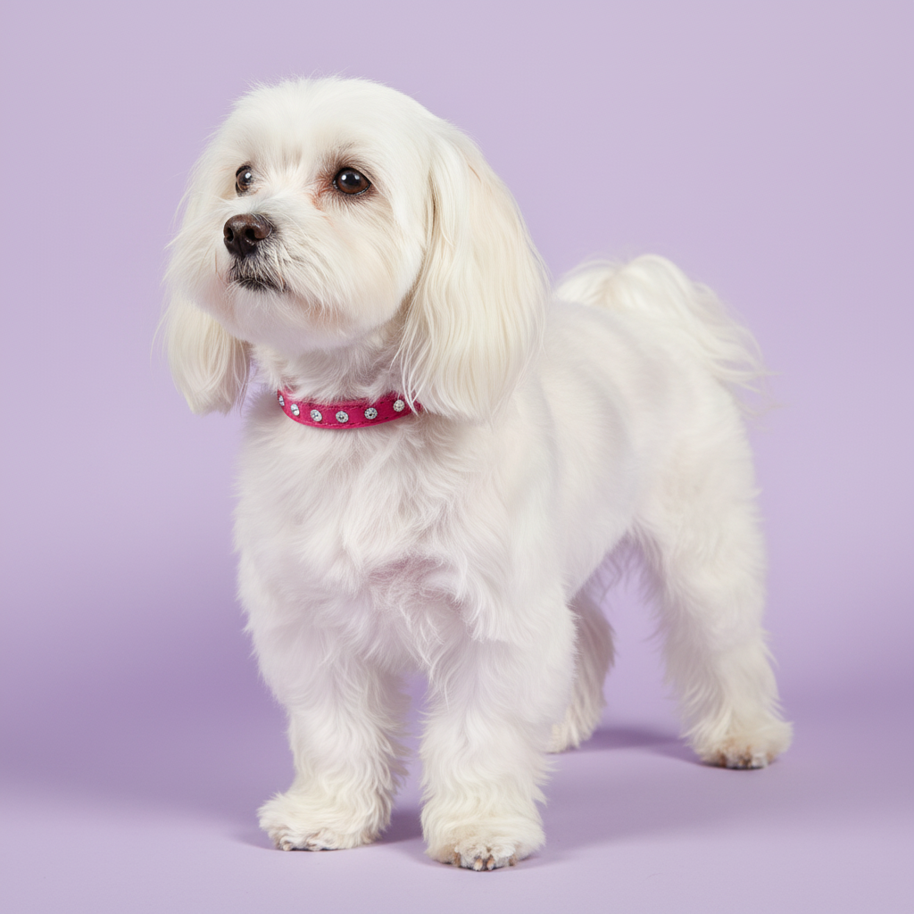 White Maltese dog wearing a hot pink rhinestone crystal leather dog collar, standing full body side profile studio portrait on lavender background