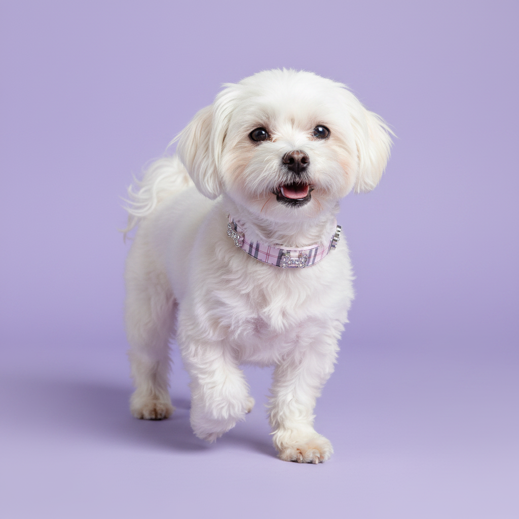 White Maltese standing and facing forward wearing a pink plaid rhinestone dog collar