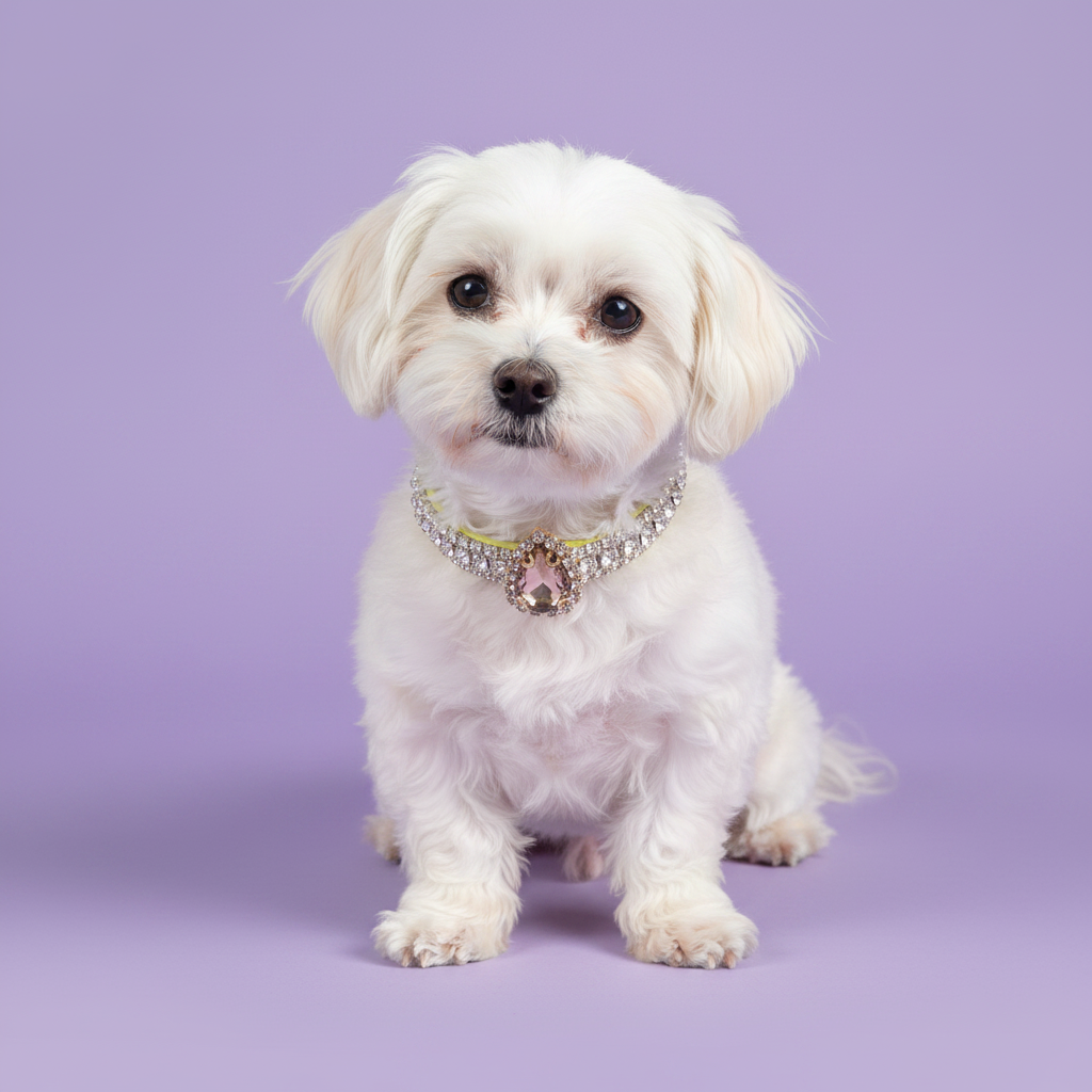 White Maltese sitting and facing camera wearing a clear crystal rhinestone collar with large oval pink crystal pendant, luxury diamond dog collar for small breeds on lavender background