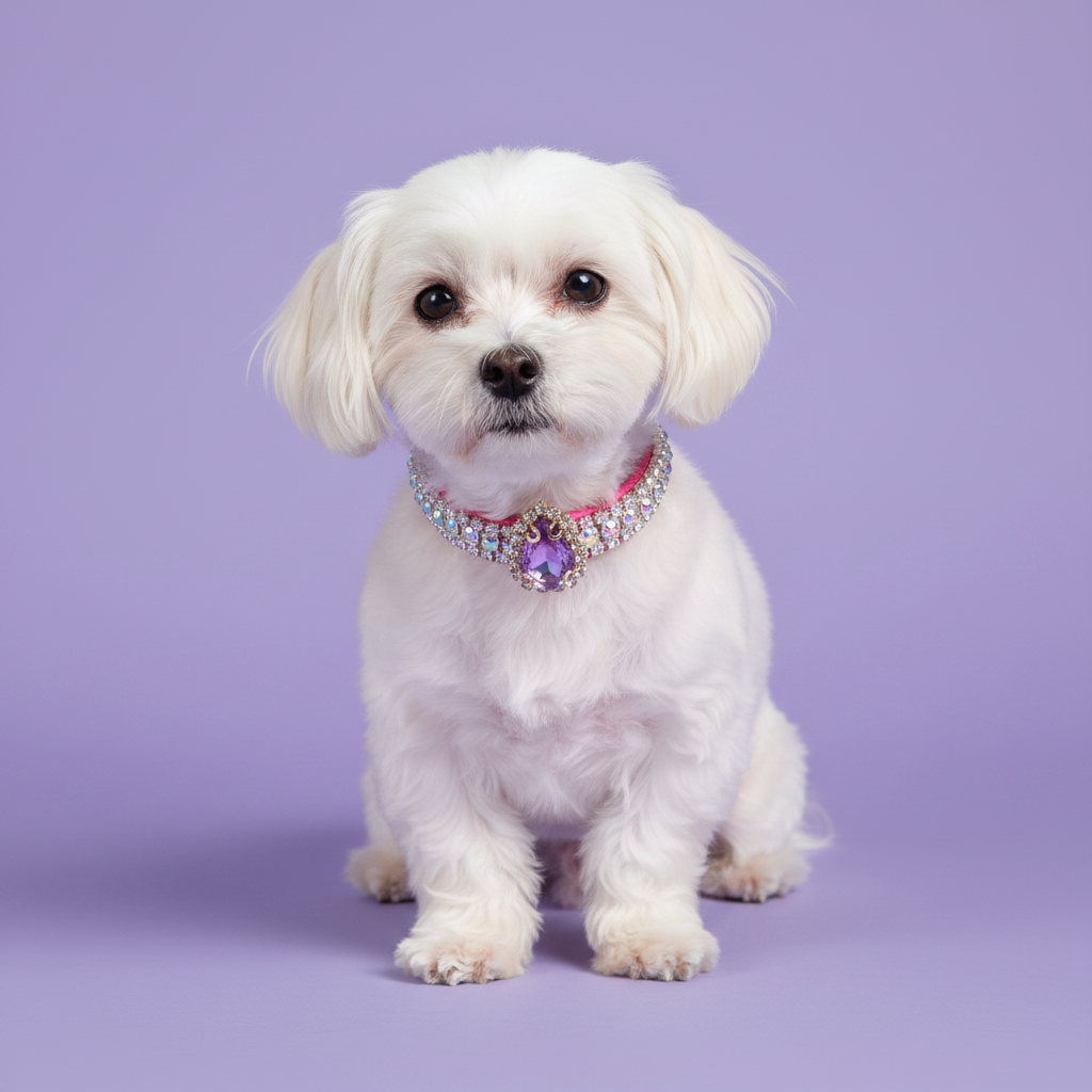 White Maltese dog sitting and facing camera wearing a pink AB iridescent rhinestone collar with oval purple amethyst crystal pendant, luxury gemstone dog collar for small breeds on lavender background