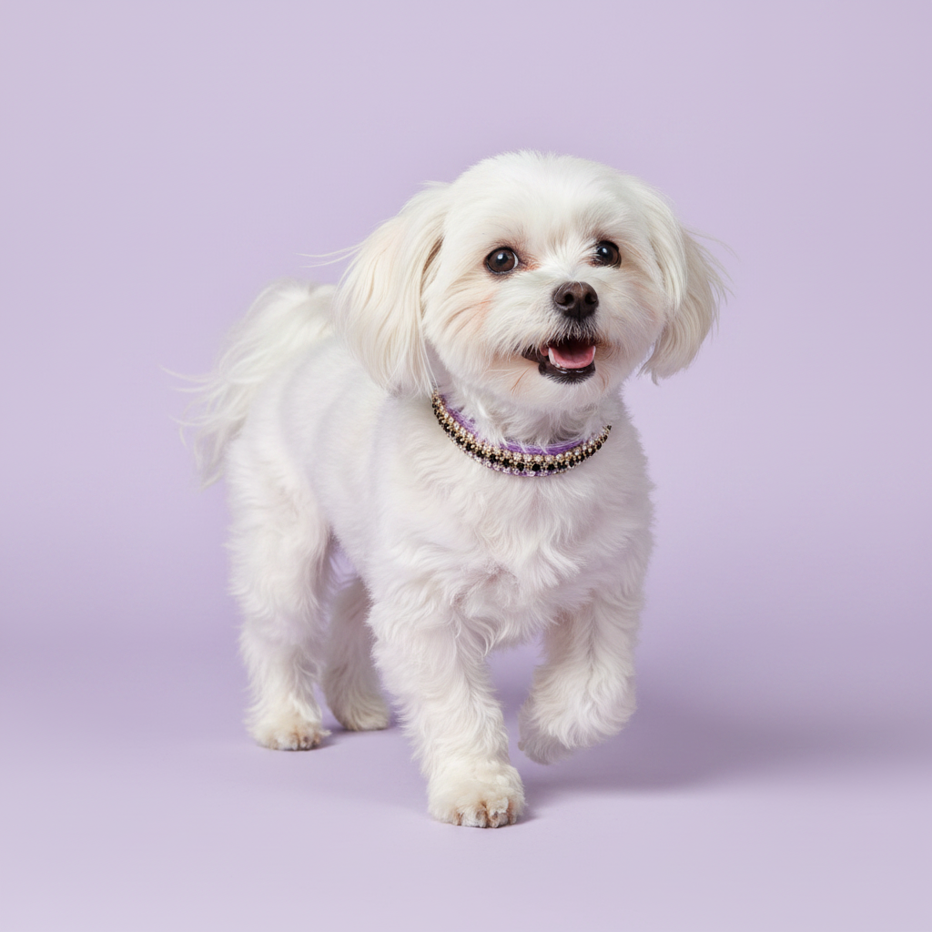 White Maltese mid-prance in three-quarter view with mouth open and one paw raised wearing a lavender velvet double-row champagne gold crystal rhinestone collar, luxury rhinestone small dog collar on lavender background