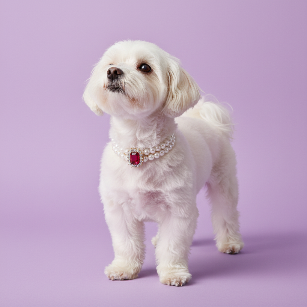 White Maltese standing proudly and looking upward while wearing a double pearl collar with a red gemstone pendant against a lavender background