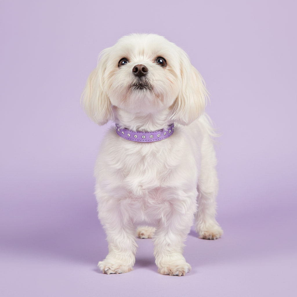 White Maltese dog wearing a lavender purple rhinestone crystal leather dog collar, full body standing studio portrait on lavender background