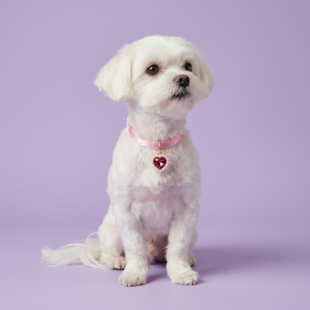 Maltese seated in pink heart-pendant collar