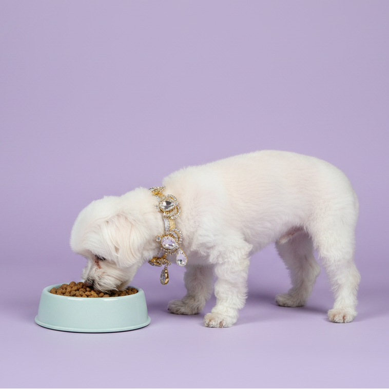 Maltese eating from mint blue pet bowl wearing gold chain collar with crystal oval gems and teardrop charms — luxury small dog bowl and collar