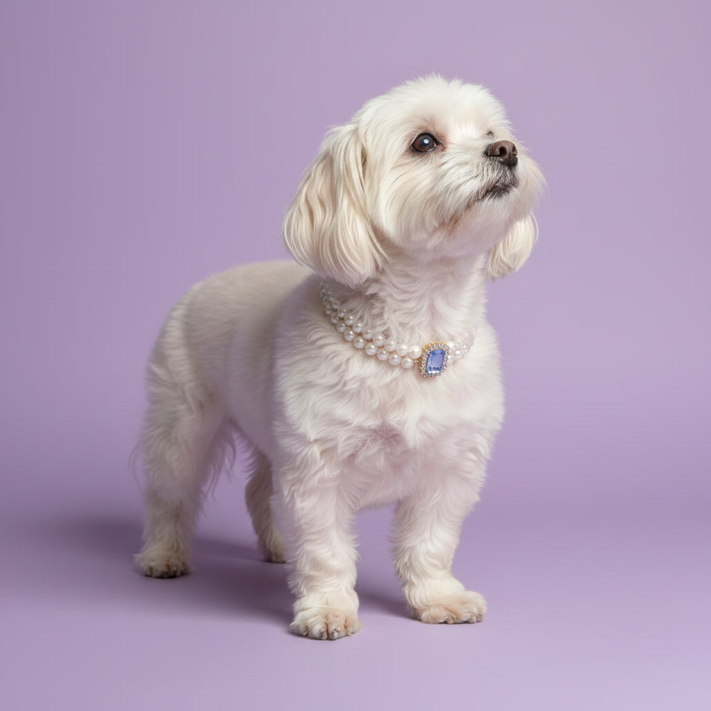 White Maltese dog standing and wearing a pearl collar with a lavender gemstone pendant against a lavender background