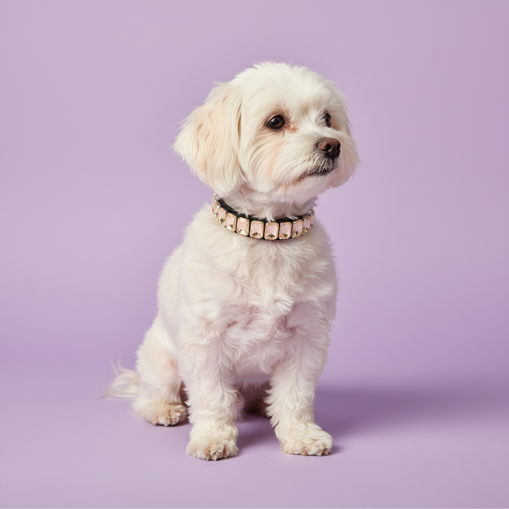 White Maltese dog sitting and wearing a champagne crystal rhinestone collar against a soft lavender studio background.