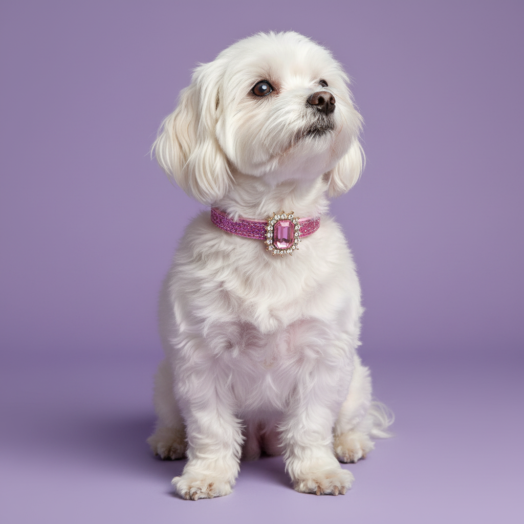 White Maltese sitting regally wearing a pink crystal rhinestone dog collar