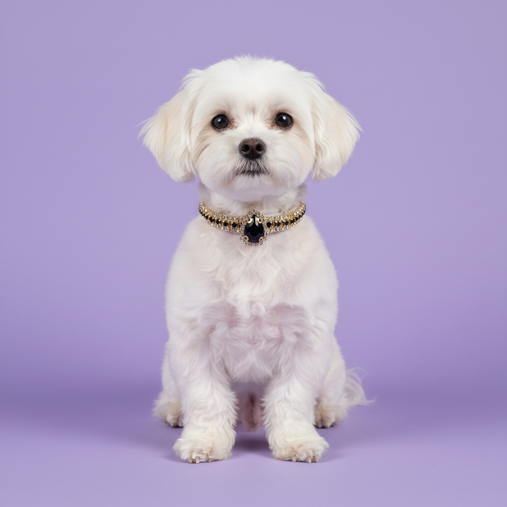 White Maltese sitting tall and facing camera wearing a gold and black rhinestone collar with oval black onyx crystal centerpiece pendant, luxury dark gemstone dog collar for small breeds on solid lavender background